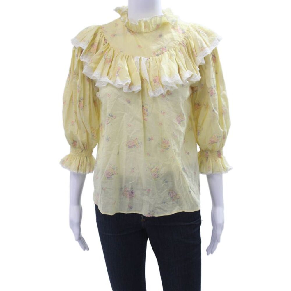 Laurence Bras Women Bohemian Yellow Floral High Neck 3/4 Sleeve Blouse Size S